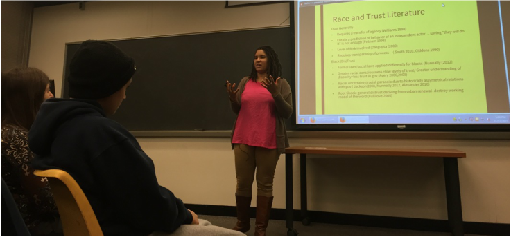 Urban sociologist Christina Jackson speaking at Stockton University on November 12, 2015.