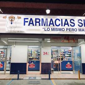 A storefront view of Farmacias Similares, a common chain of pharmacies throughout Mexico. 